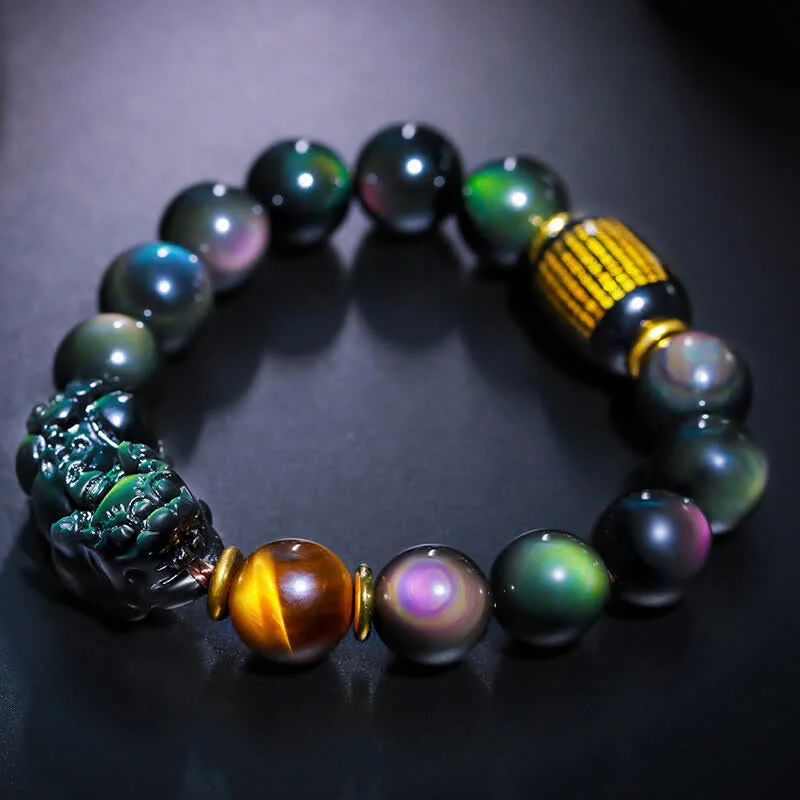 FengShui PiXiu Rainbow Obsidian Black Onyx Tiger Eye Positive Bracelet