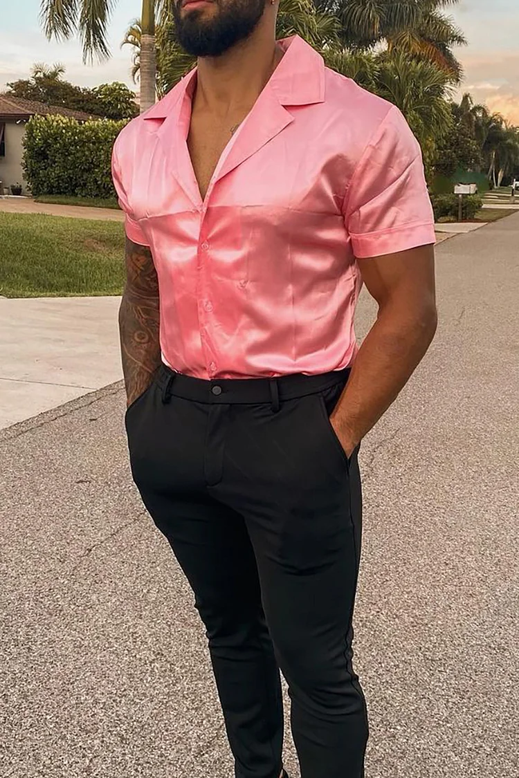 Satin Lapel Short Sleeve Casual Pink Shirt [Pre-Order]