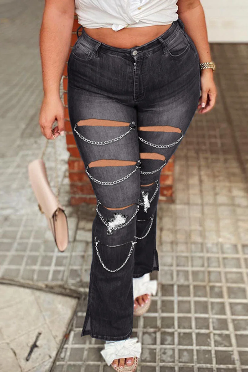 Street Solid Hollowed Out Patchwork Chains High Waist Denim Jeans