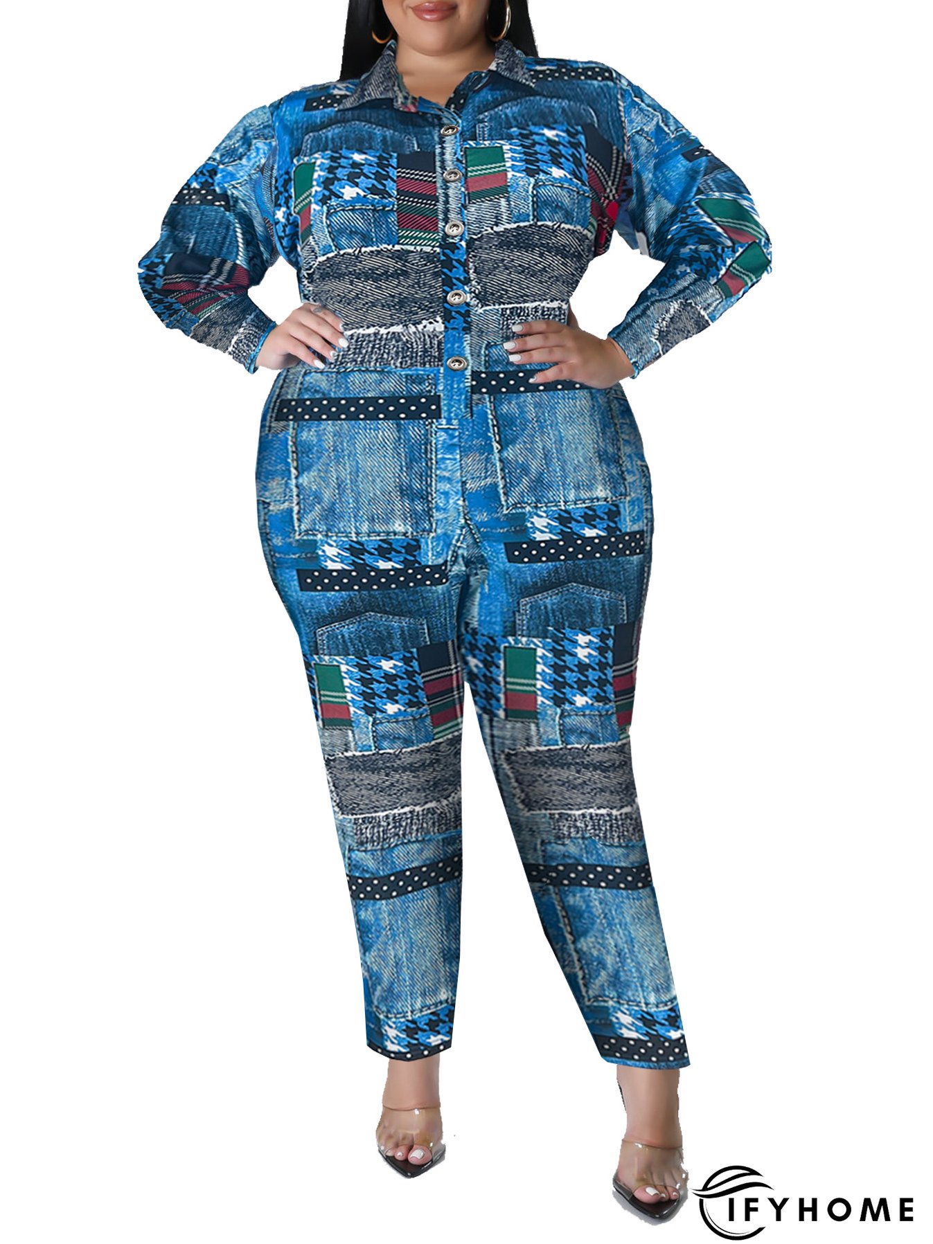 Plus Size Women's Fall Print Long Sleeve Jumpsuit | IFYHOME