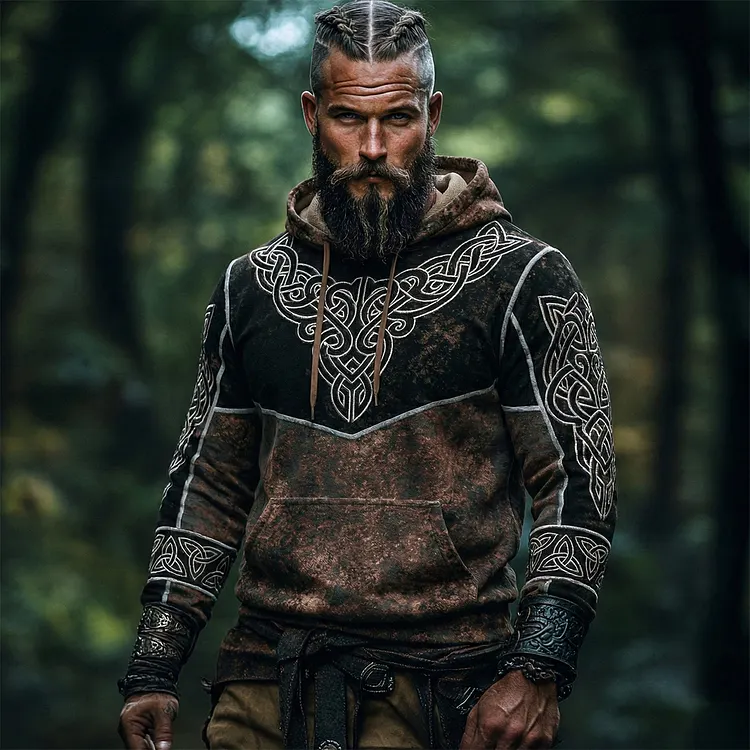 Men's Viking Tribal Jacquard Celtic Knot Rust Inspired Art Casual Hoodie