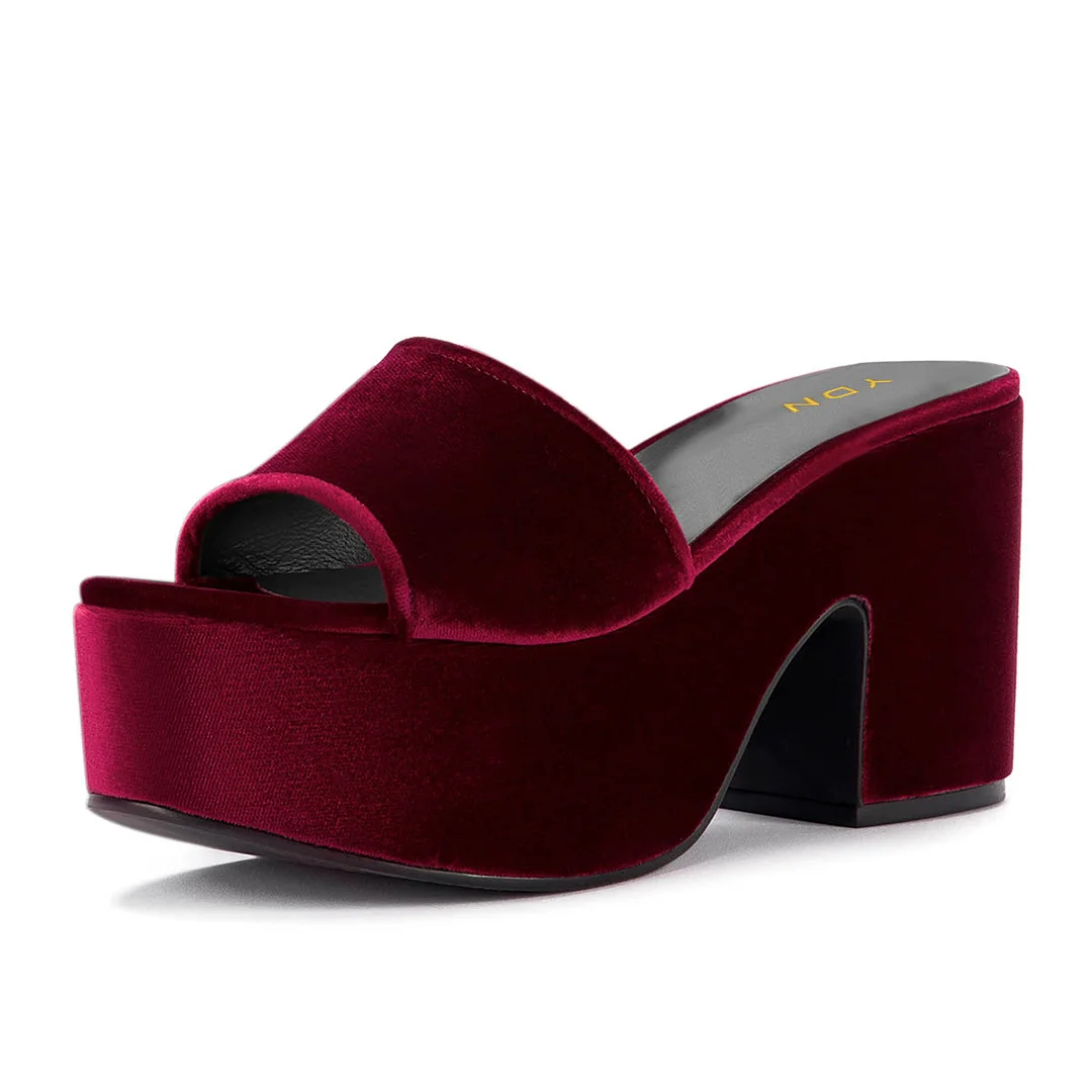 Burgundy Velvet Open Round Toe Platform Mules with Chunky Heel