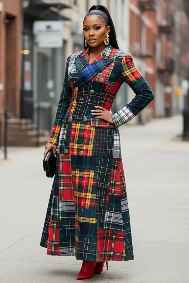 Plaid Patchwork Peak Lapel Collar Double Breasted Long Coat-Red [Pre Order]