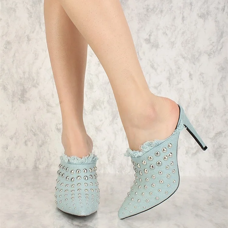Light Blue Denim studs Pointy Toe Stiletto Heel Mules |FSJ Shoes