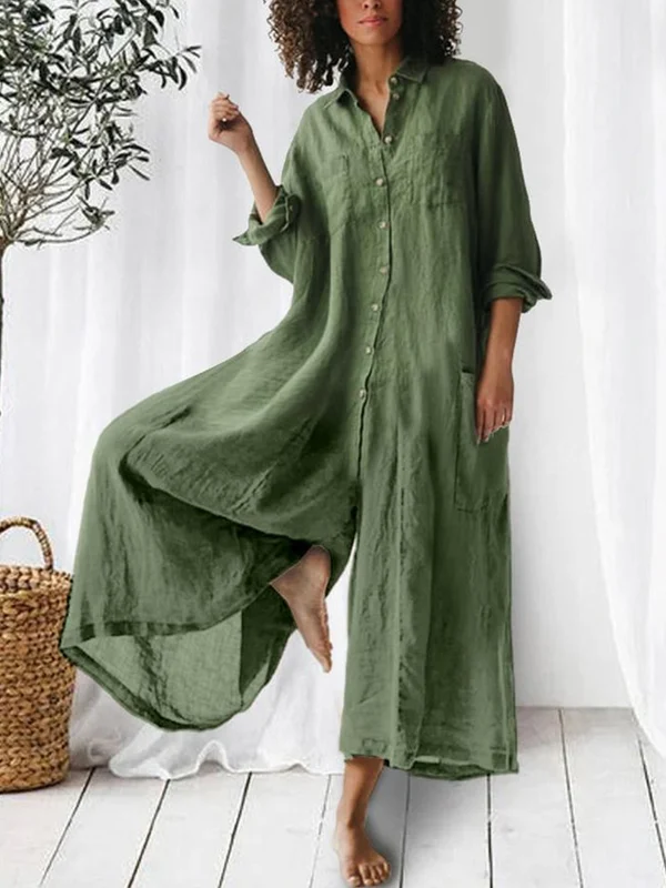 Rotimia Solid Color Long-Sleeved Loose Wide-Leg Jumpsuit