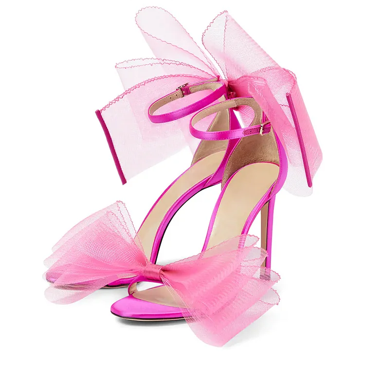 Pink Satin Ankle Strap Stiletto Sandals with Bow - Perfect for Parties! Vdcoo