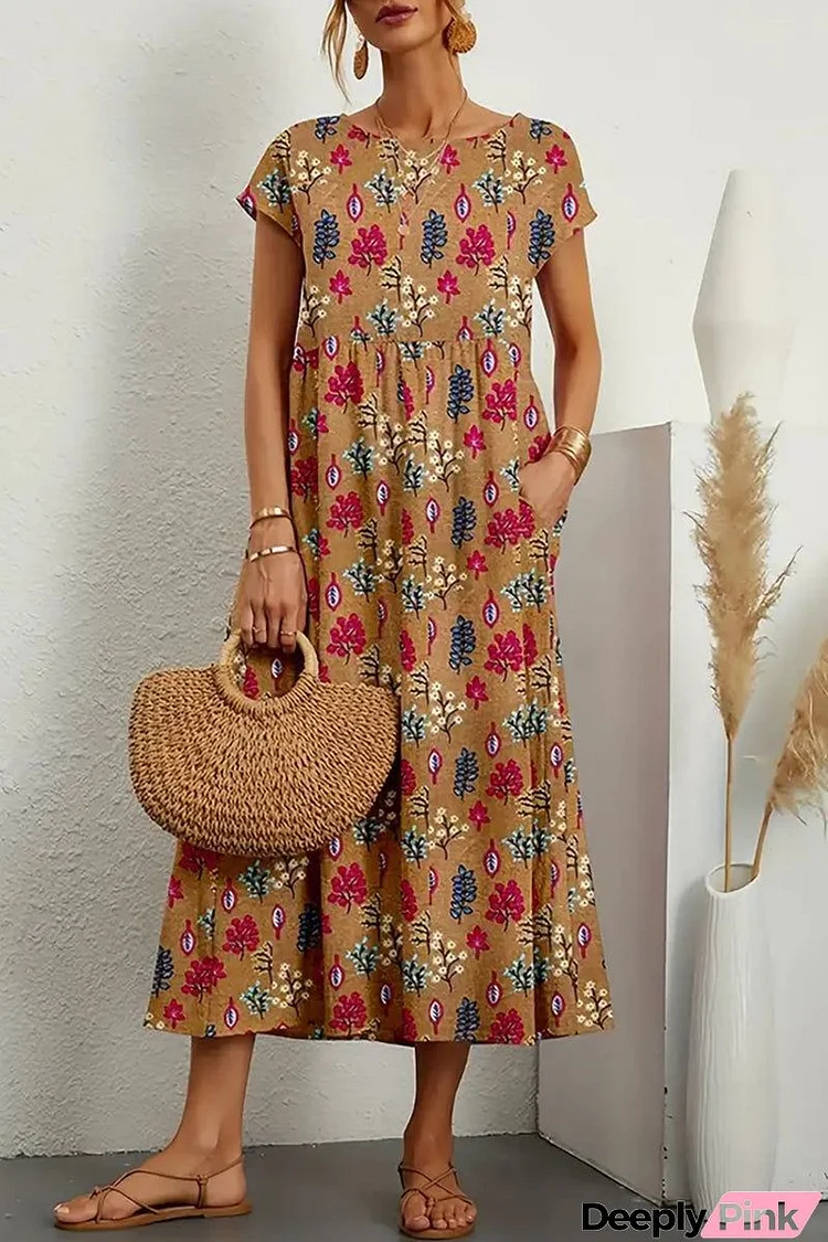 Casual Floral Pocket O Neck Printed Dress Dresses