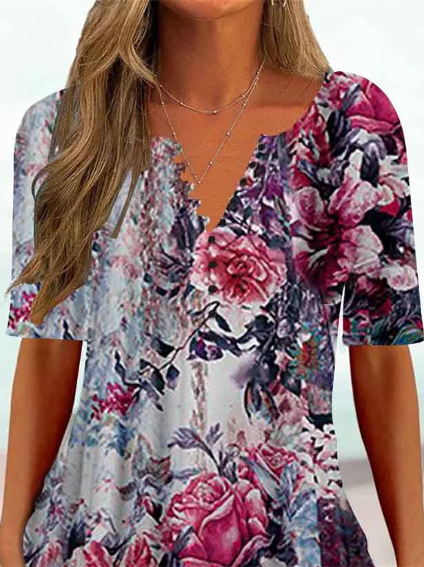 Women Half Sleeve V-neck Solid Color Dress