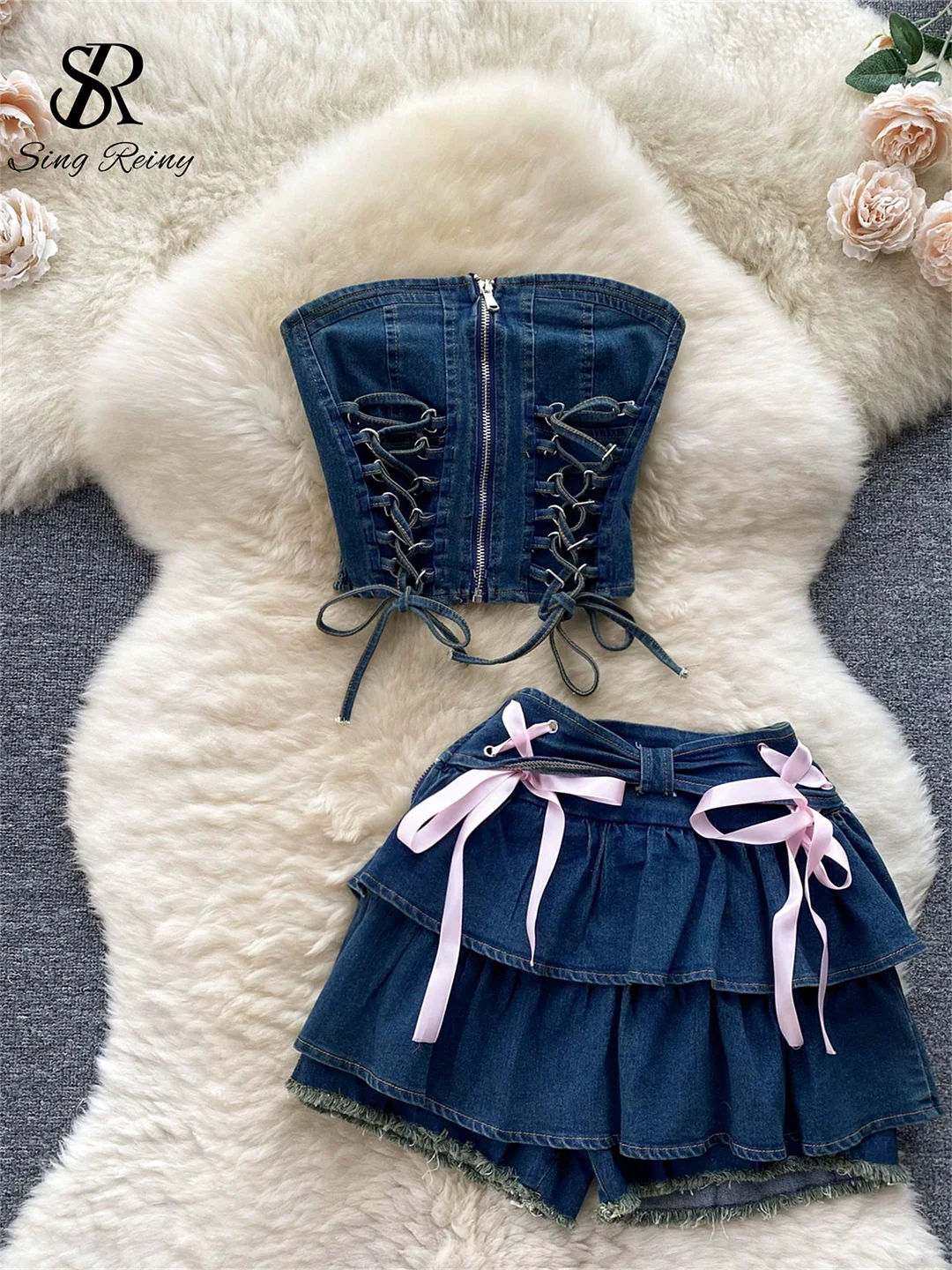 Huibahe Hotsweet Denim Two Pieces Sets Zipper Strapless Y2K Top+Elastic Mini Culottes Lace Up Cross Bandage Streetwear Suits