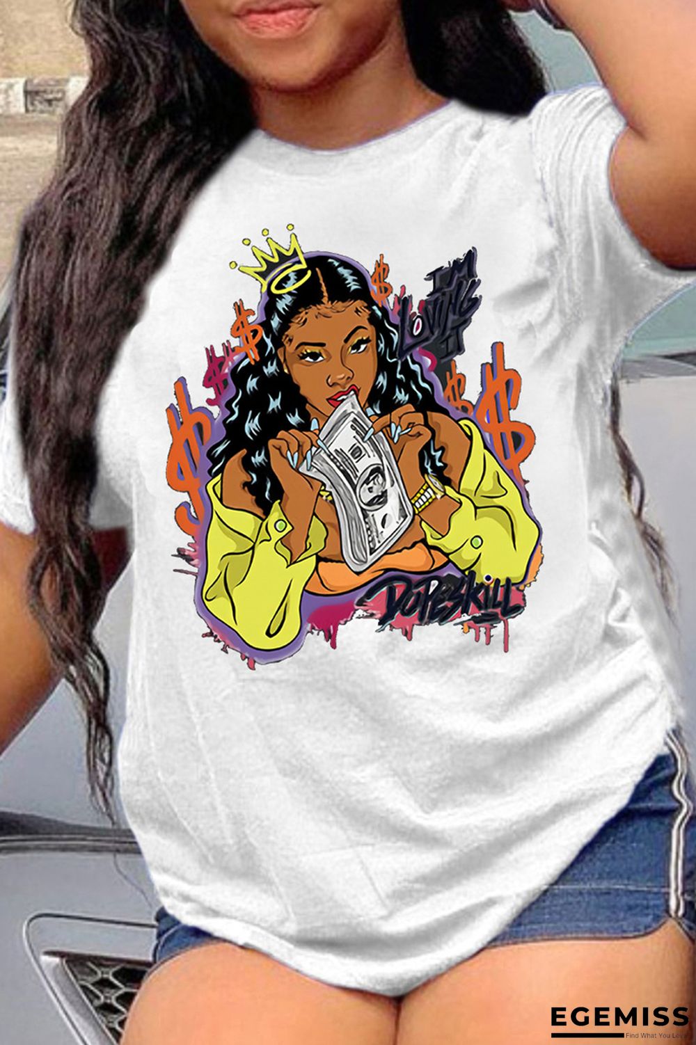 White Yellow Fashion Casual Print Basic O Neck T-Shirts | EGEMISS