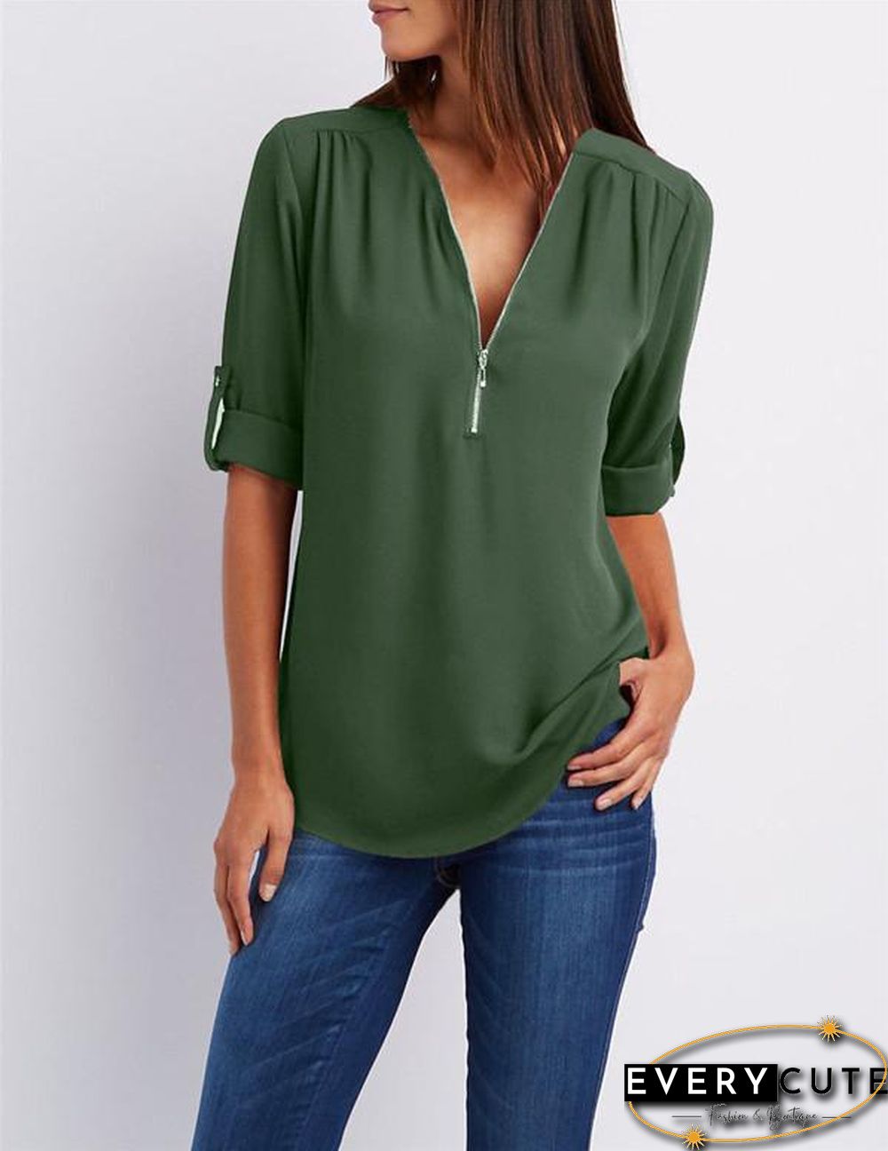 Chiffon Half Sleeve Zipper Solid V neck High Low Blouse