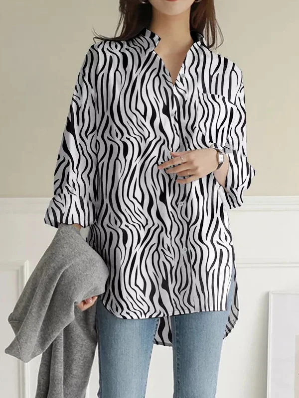High-Low Long Sleeves Buttoned Pockets Split-Side Zebra-Stripe Lapel Blouses&Shirts Tops