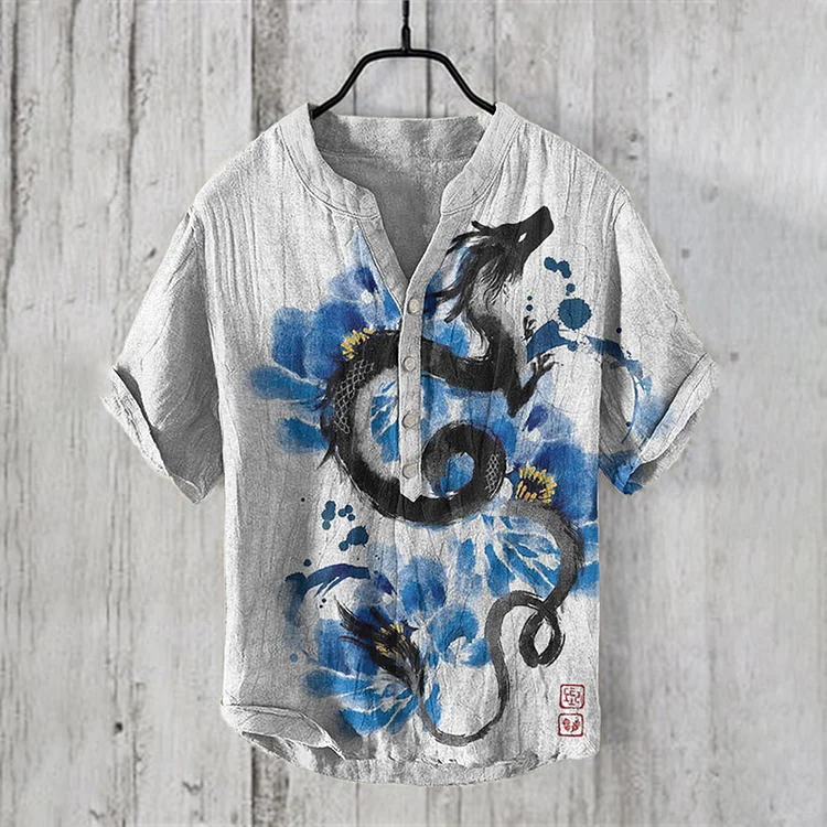 Men'S Japanese Art Dragon Linen Blend Shirt