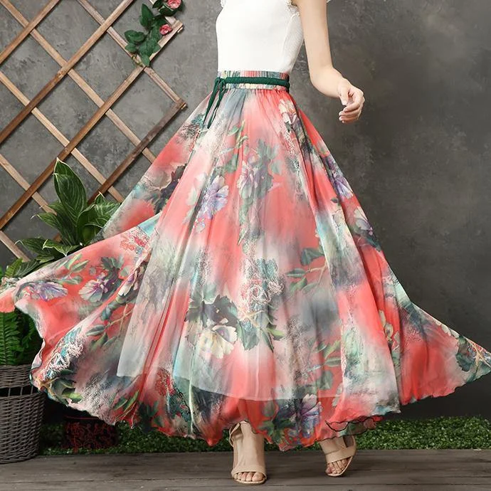 Handmade elastic tie waist chiffon tunic pattern Work Outfits red prints Plus Size Dresses summer