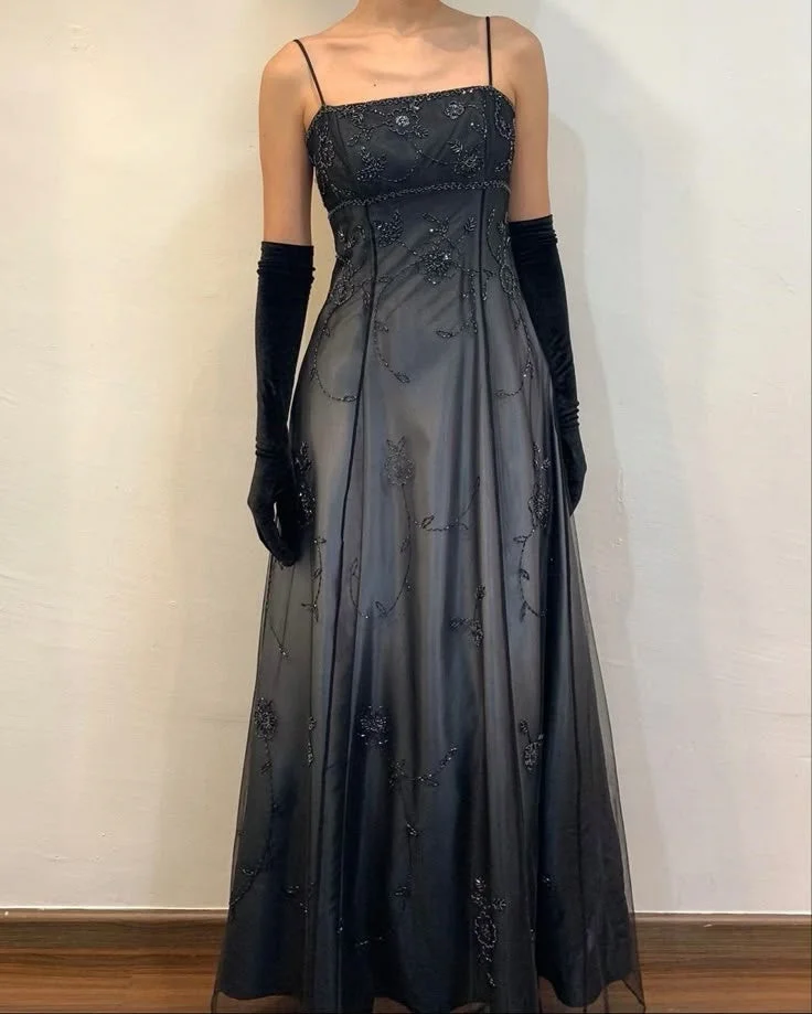 Blue/Grey Delicate Beaded Long Tulle Elegant Ball Gown Evening Dress Formal Birthday Party Dress Prom Dress