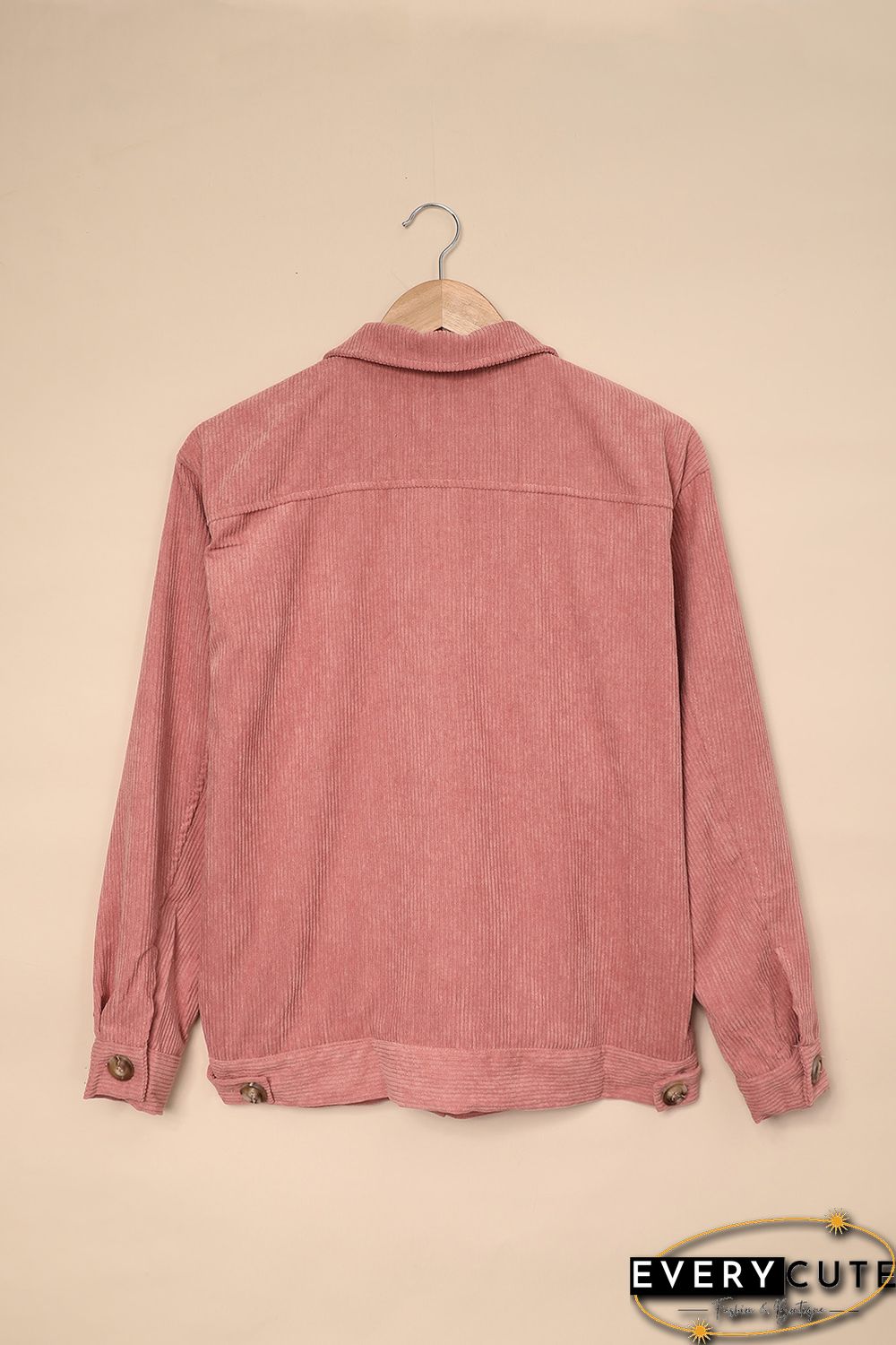 Pink Ribbed Corduroy Long Sleeve Jacket with Pocket
