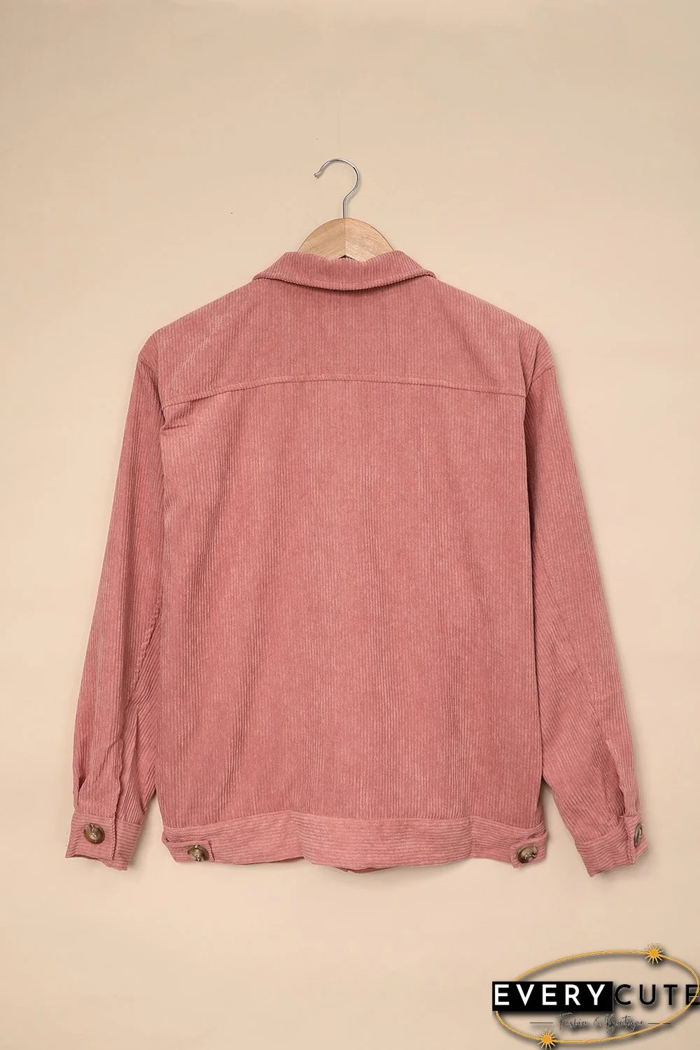 Pink Ribbed Corduroy Long Sleeve Jacket with Pocket