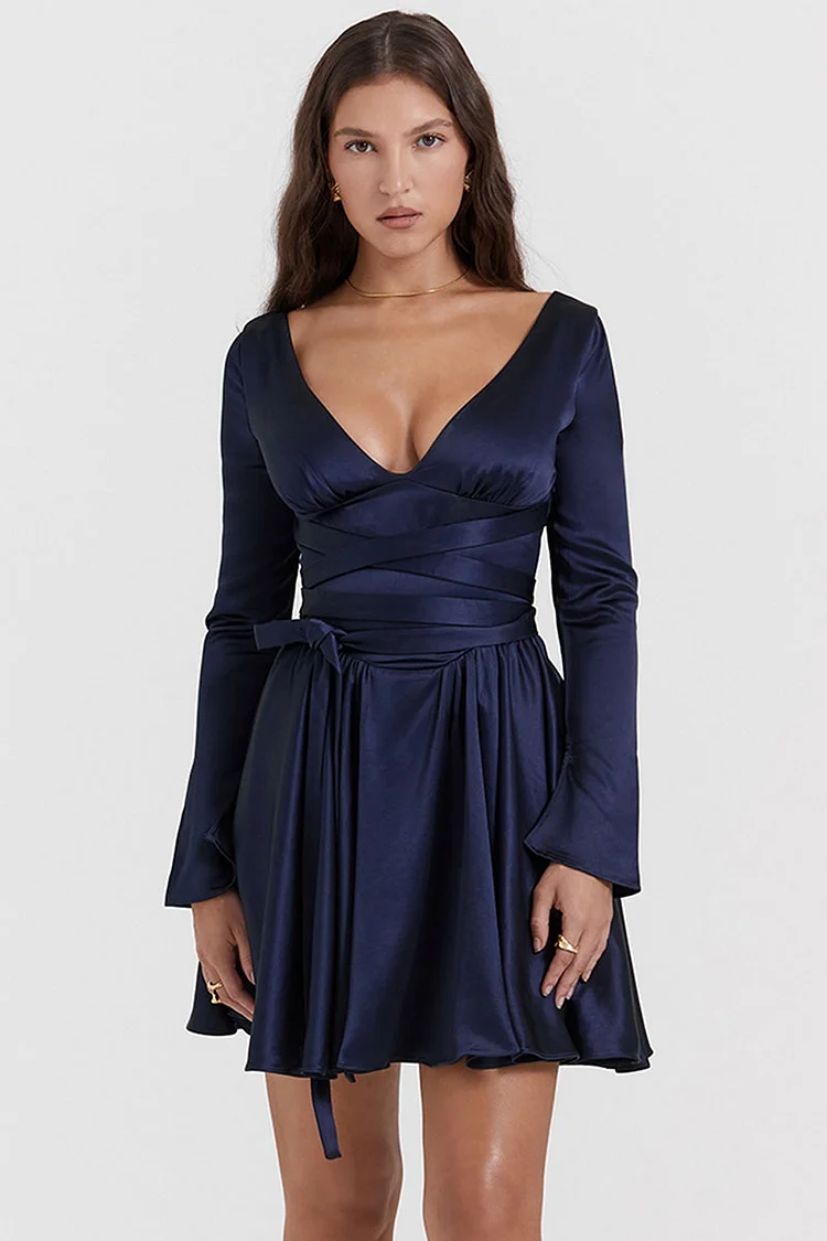 Elegant V Neck Long Sleeve Pleated Knotted Satin Mini Dresses-Blue [Pre Order]