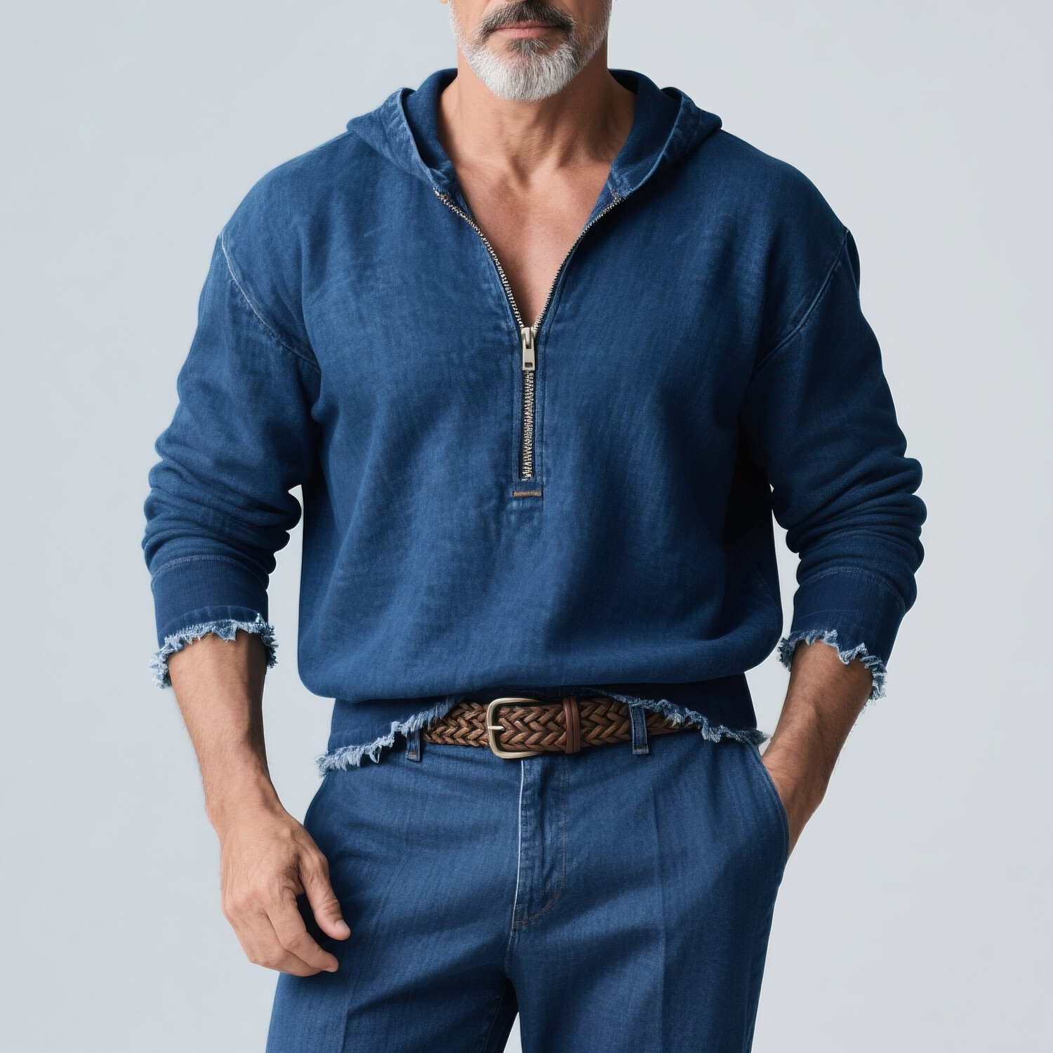 Men's Casual Raw Edge Long Sleeve Half Zip Denim Hoodie