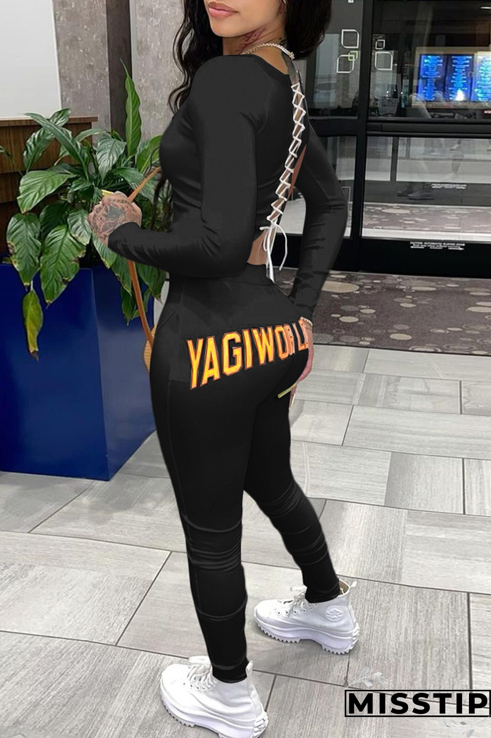 Black Fashion Print Patchwork O Neck Long Sleeve Two Pieces