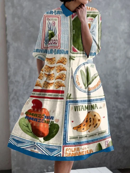 Holiday Tropical Fruit Print Casual Pocket Half Sleeve Dress