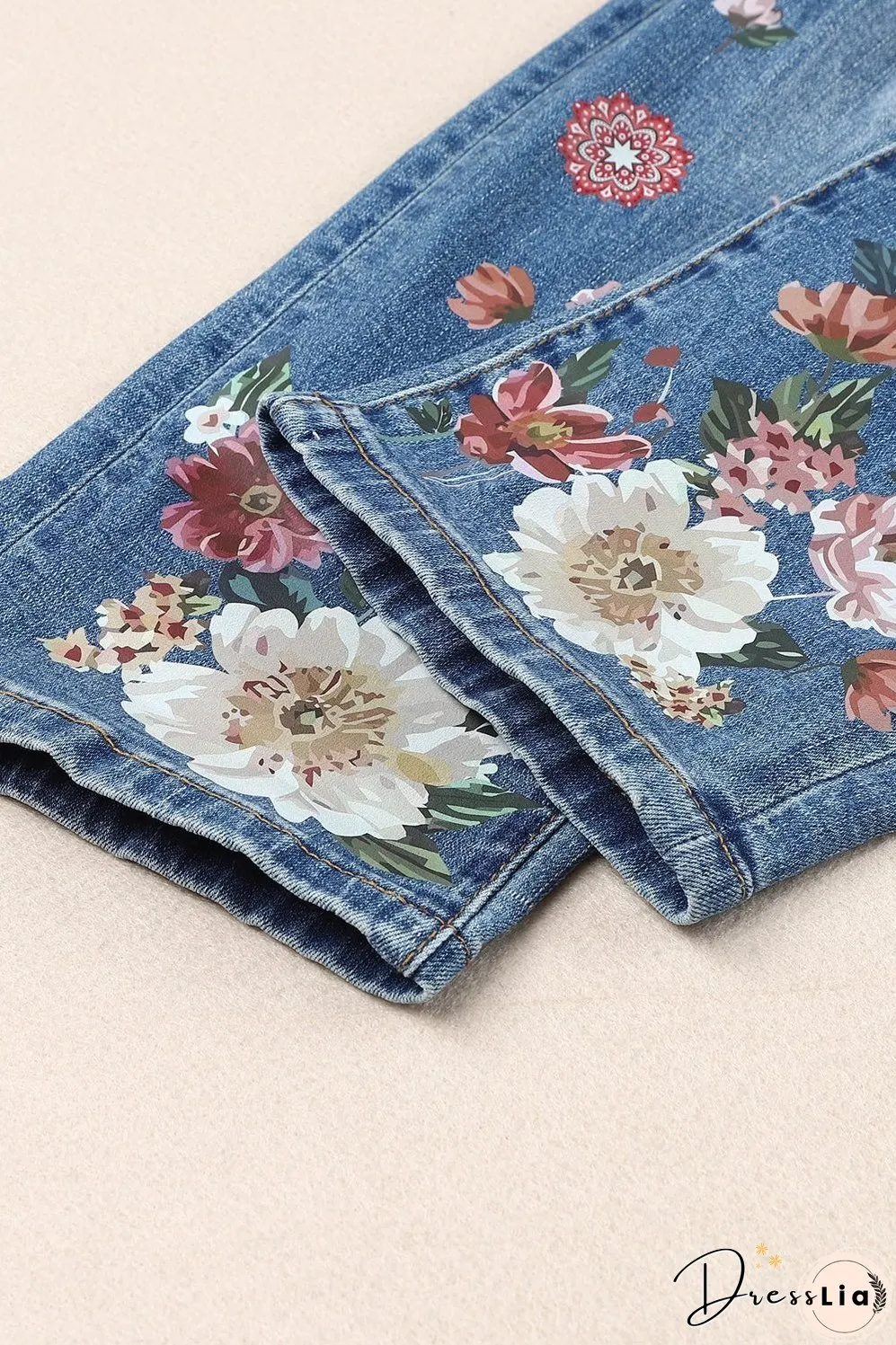 Floral Graphic Patchwork Distressed Jeans