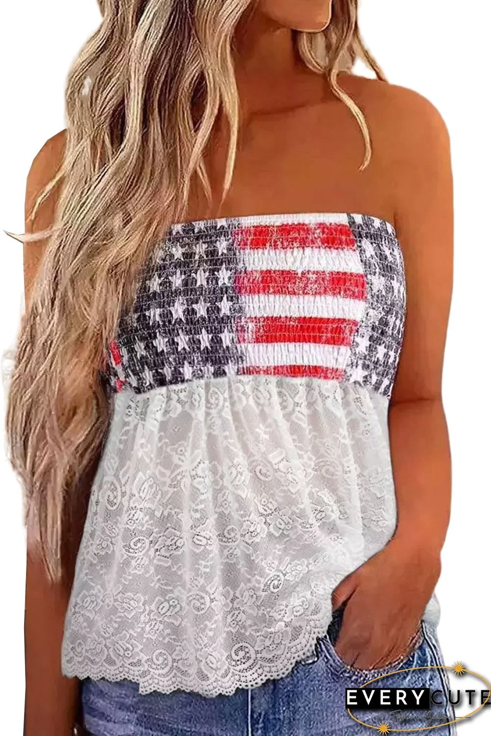 White Bandeau Lace Stitching National Flag Vest