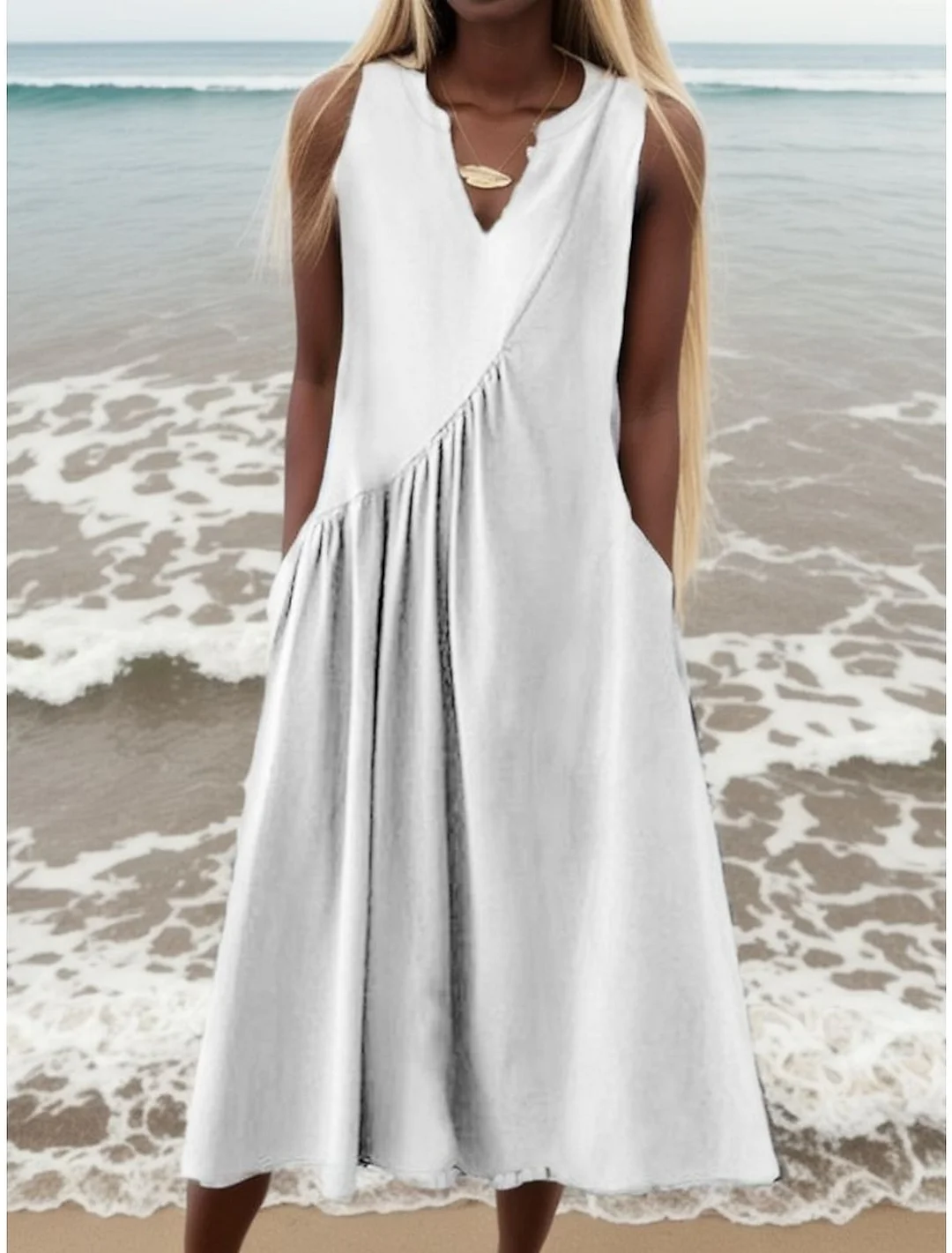 V-neck Solid Color Patchwork Sleeveless Pocket Dress