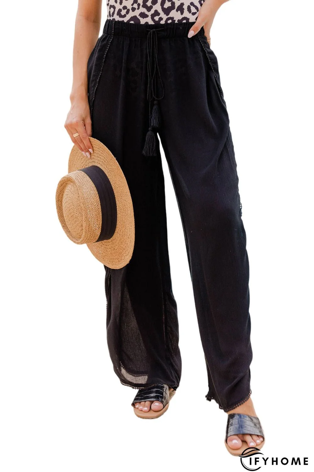 Black Lace Trim Along Split Leg Beach Cover up Pants | IFYHOME