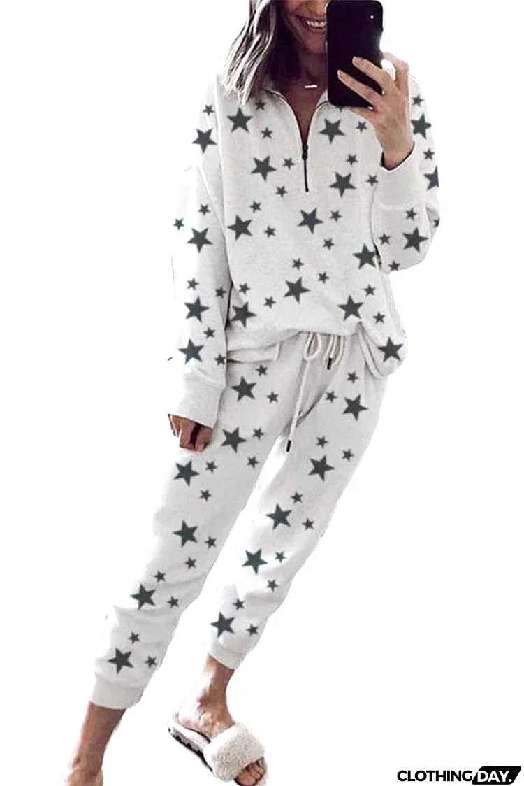 Star Print Zipper Collar Long Sleeve Top and Jogger Loungewear Set