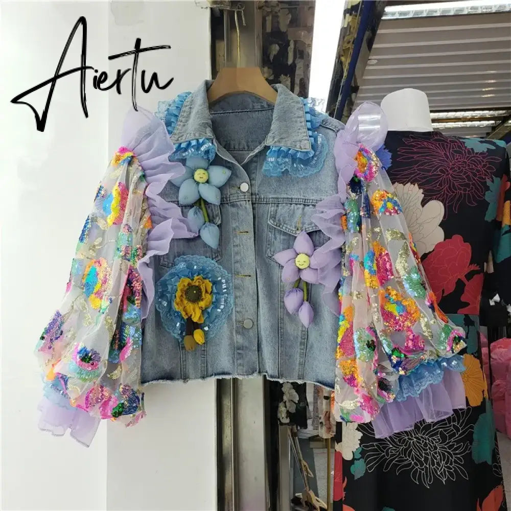 Fashion Hem Burrs Denim Jacket Women Sequins Mesh Lantern Sleeve Big Pocket Cowboy Outerwear Loose Short Jeans Jackets Female Aiertu