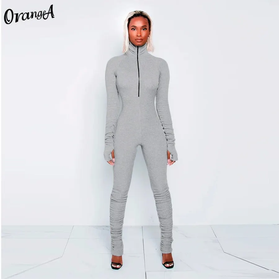 OrangeA Women Ribbed Summer Activewear Skinny Stacked Jumpsuits Zipper Stretchy Turtleneck Fitness Workout Casual Streetwear