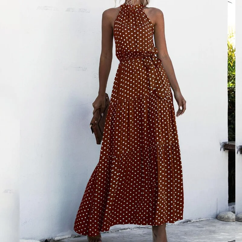 2021 Summer New Elegant Sexy beach long Dress Women Fashion Print Flowers Polka-dot Ladies Halter boho dress women vestidos
