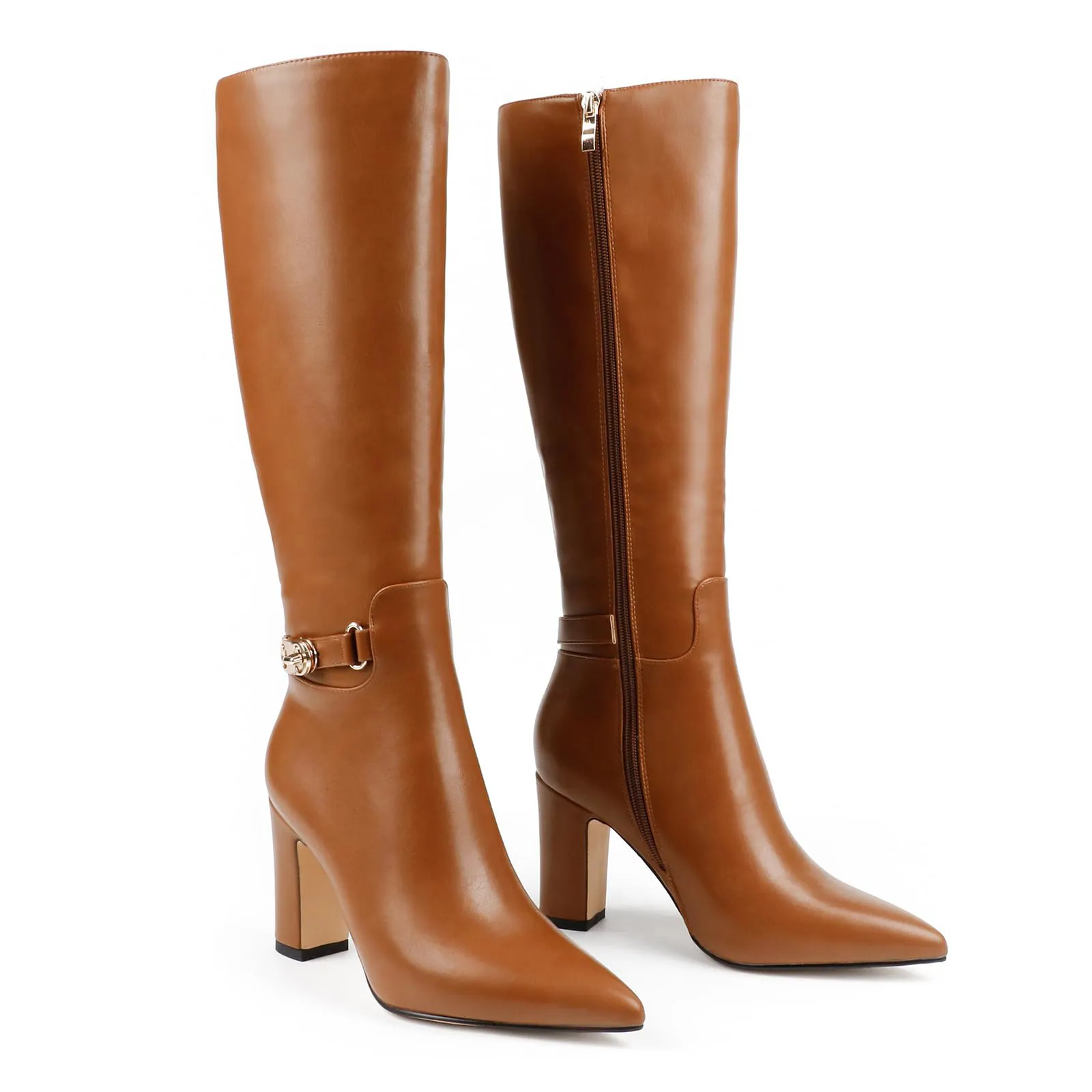 85mm/3.35 inch Women's matte high heel pointed toe buckle style casual zipper knee high boots-vocosishoes