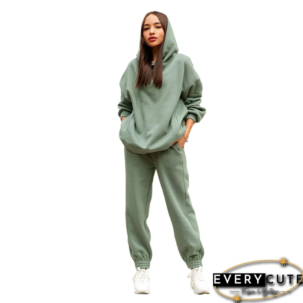 Solid Green Cotton Blend Hoodie And Pants Set