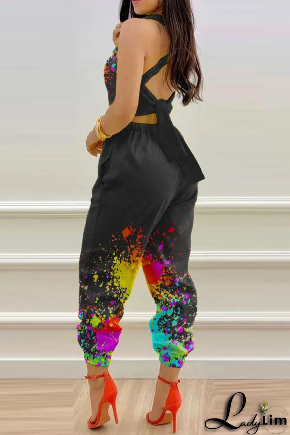Blue Sexy Print Split Joint Backless Regular Jumpsuits