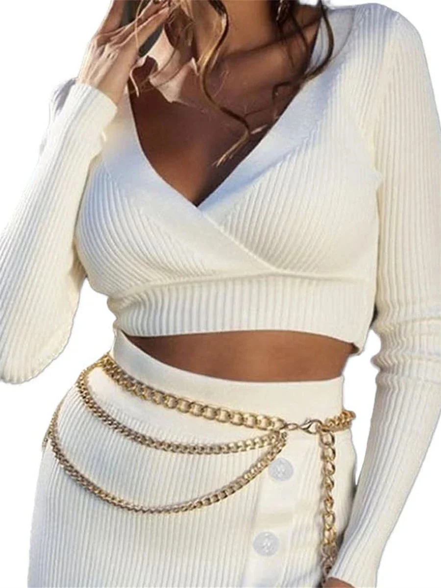 Oocharger Elegant Vintage Knit Ribbed Sweaters for Women Fall Winter Simple Style Chic Long Sleeve V Neck Cropped Pullover Tops