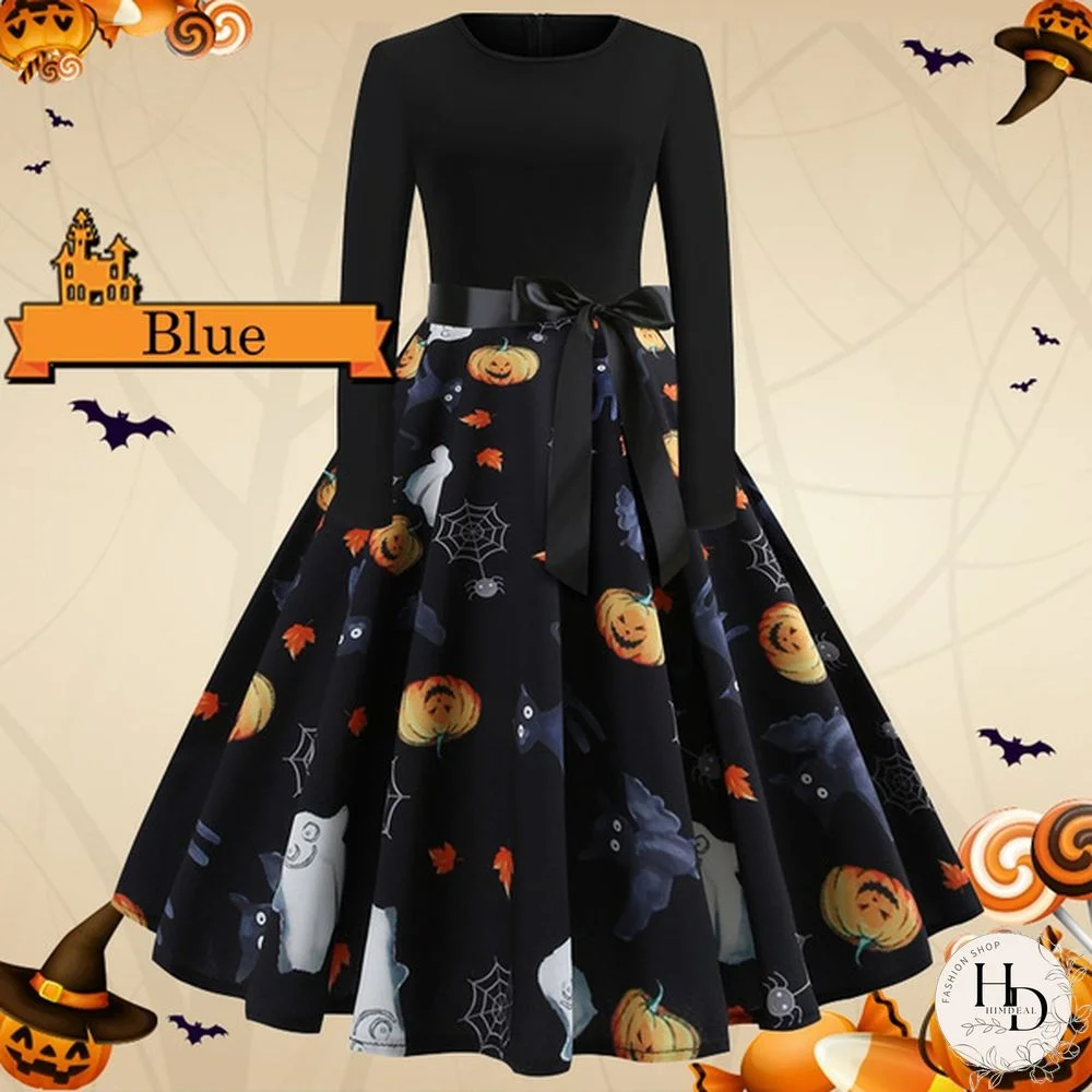 8 Colors Halloween Pumpkin Ghost Skull 3d Print Dresses Santa Claus Christmas Tree Printed Flared Swing Dresses Long Sleeve Ruched Gown Dress Xmas Festival Vestido de Mujer