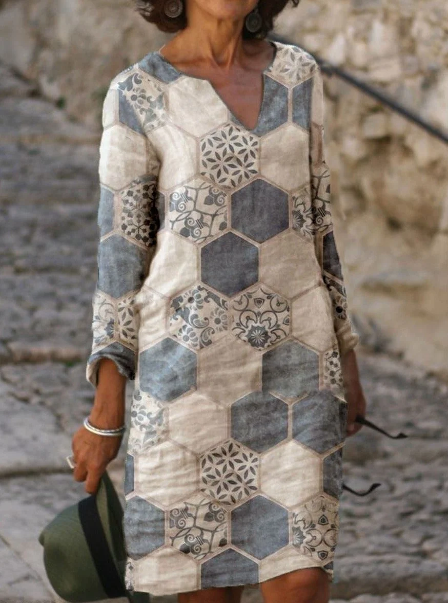 Fashion Printed V-Neck Long Sleeve Casual Shift Dress