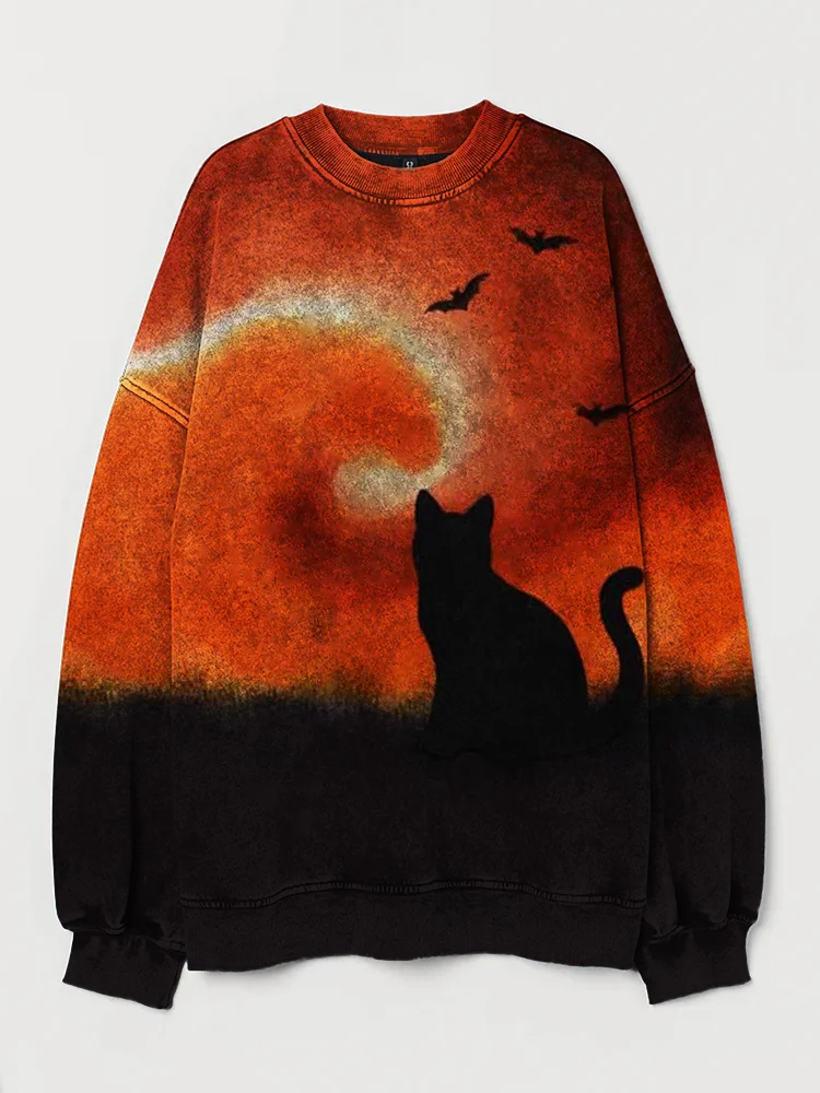 Broswear Halloween Black Cat Silhouette Contrast Washed Sweatshirt