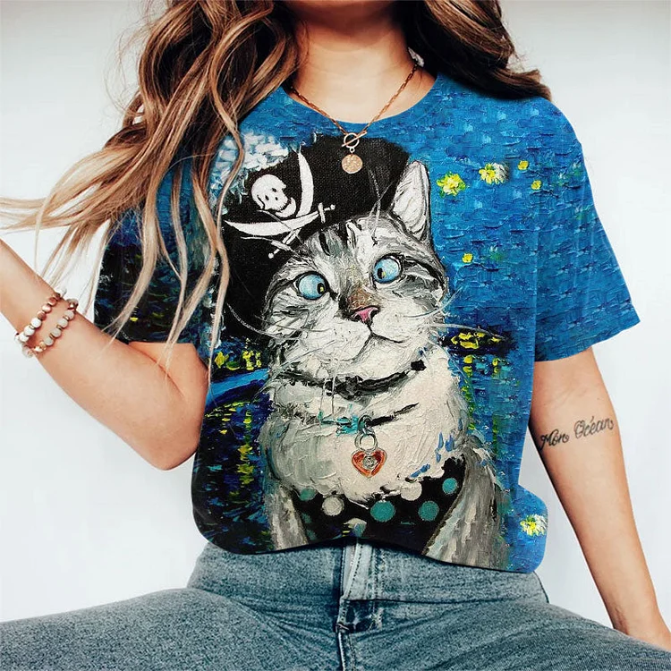 Funny Pirate Kitten Oil Painting Art Print T-shirt socialshop
