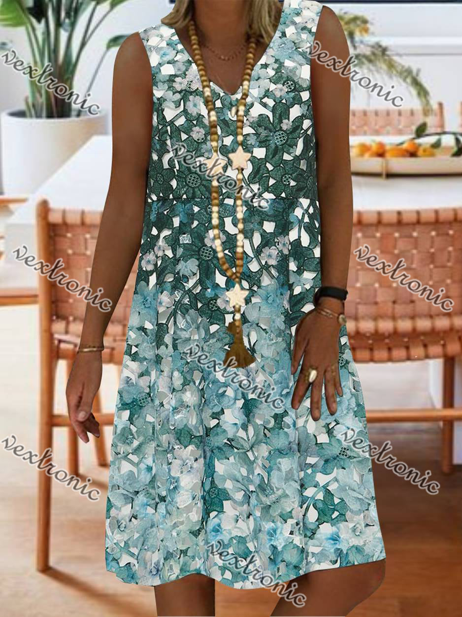 Women's Sleeveless V-neck Floral Printed Midi Dress Shift Dress