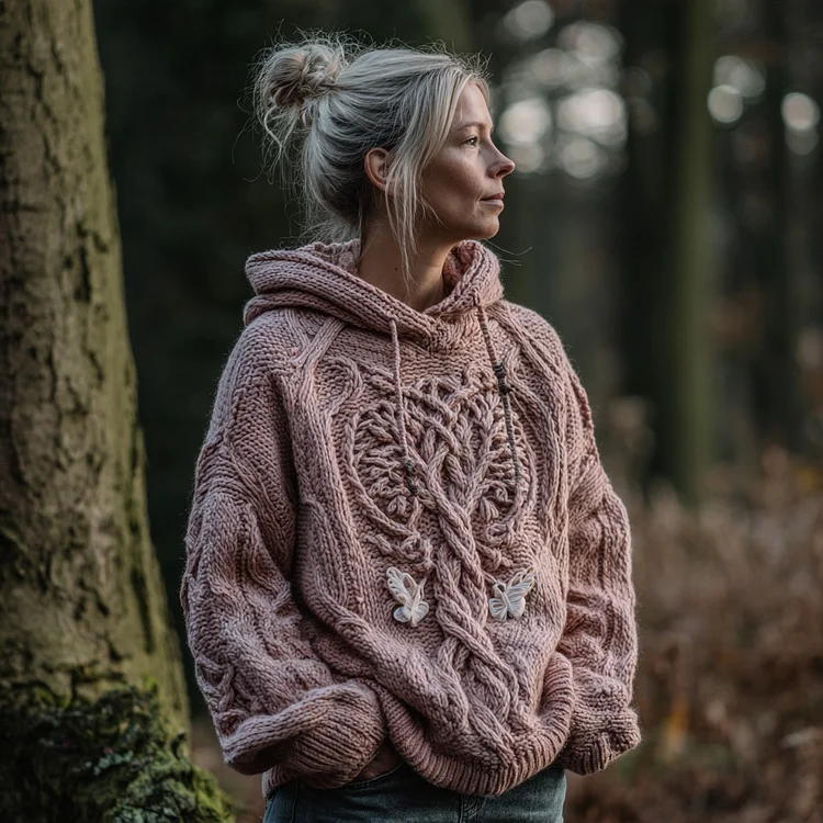 Women's Viking Tree Of Life And Butterfly Art Knit Hooded Sweater