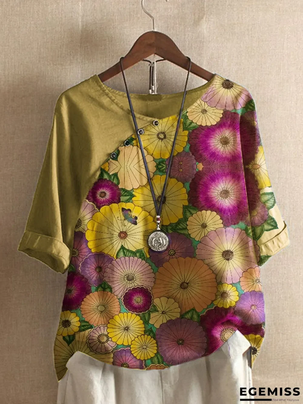 Khaki Vintage Floral Linen Floral-Print Shirts & Tops | EGEMISS