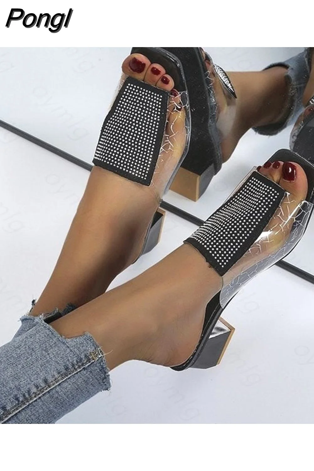 Pongl Fashion Summer Crystal Sandals Rhinestone Heels Open Toe Shoes Woman Colorful Ladies Beach Flip Flops Slides 715-1
