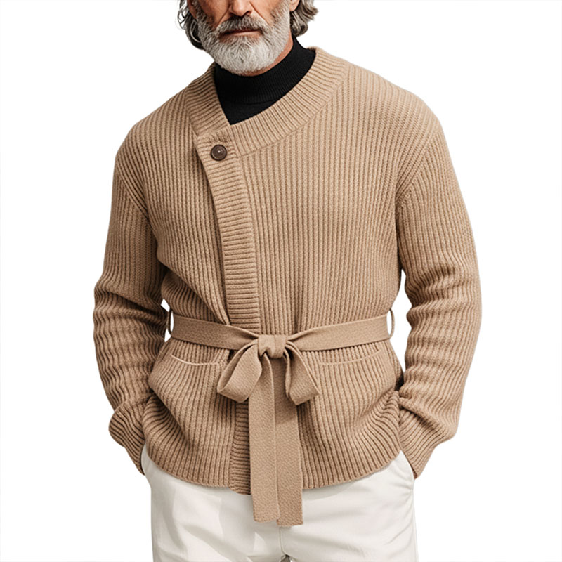 Men&rsquo;s Retro Diagonal Placket Knit Cardigan with Belt