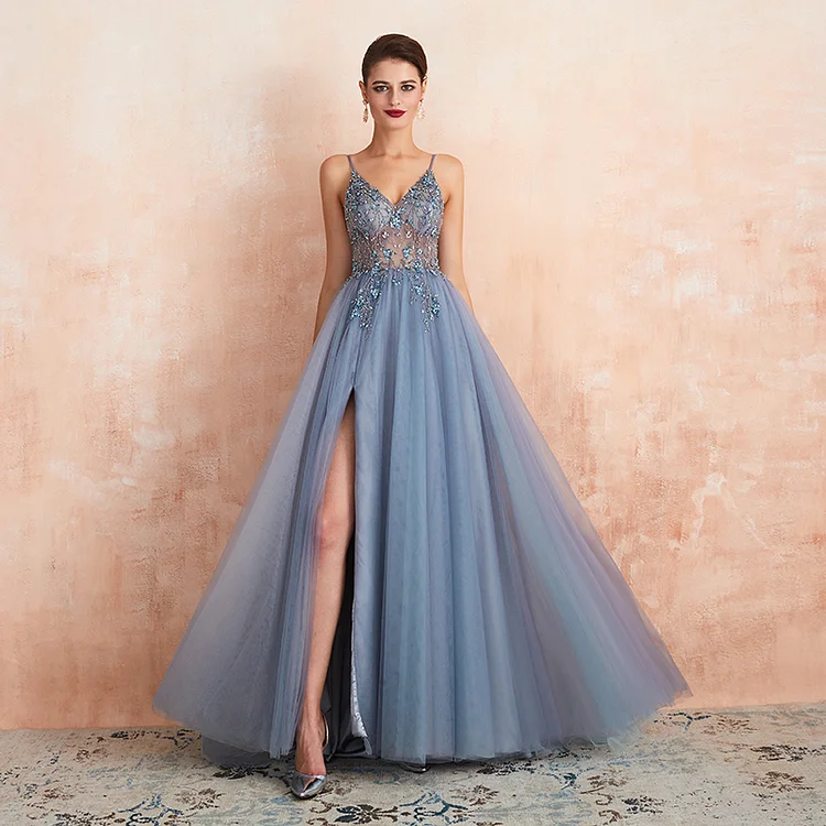 Women's Glittery Spaghetti V-Neck Prom Dresses Long Side Split Formal Evening Gowns