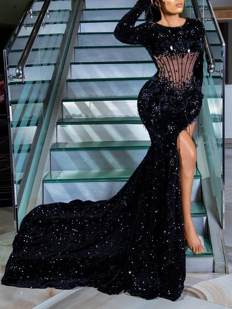 Elegant round neck sequins high slit black maxi evening dress