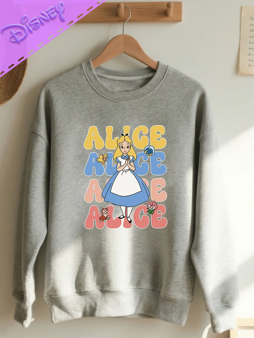 Disney Licensed Alice In Wonderland Graphic Print Women's Short Sleeve Round Neck Sweatshirt - Black Casual Spring Summer Machine Washable Top For Vacation & Streetwear | IFYHOME