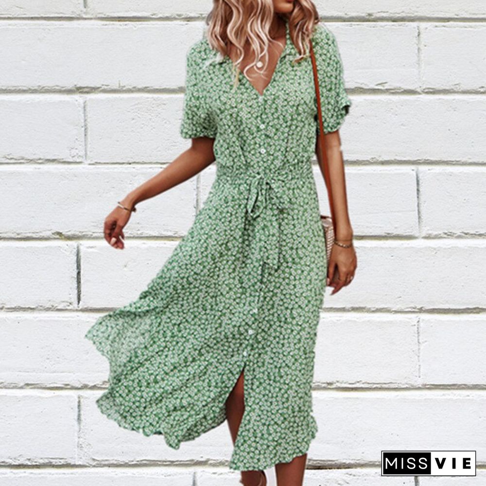 Summer Leisure Holiday Style Sexy Boho Dress For Women Print High Waist V Neck Dress Vestidos De Mujer Clothing Women